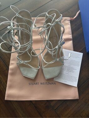 Stuart Weitzman Metallic Silver Lace-Up Strappy Heels